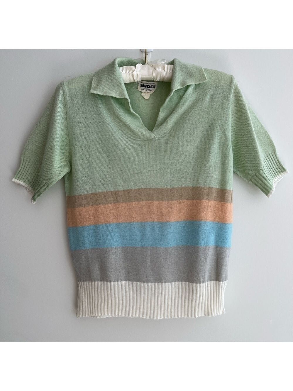 MONTAGE Vintage Fine Knit Short Sleeve Polo Shirt Pastel Wide Stripe Sporty